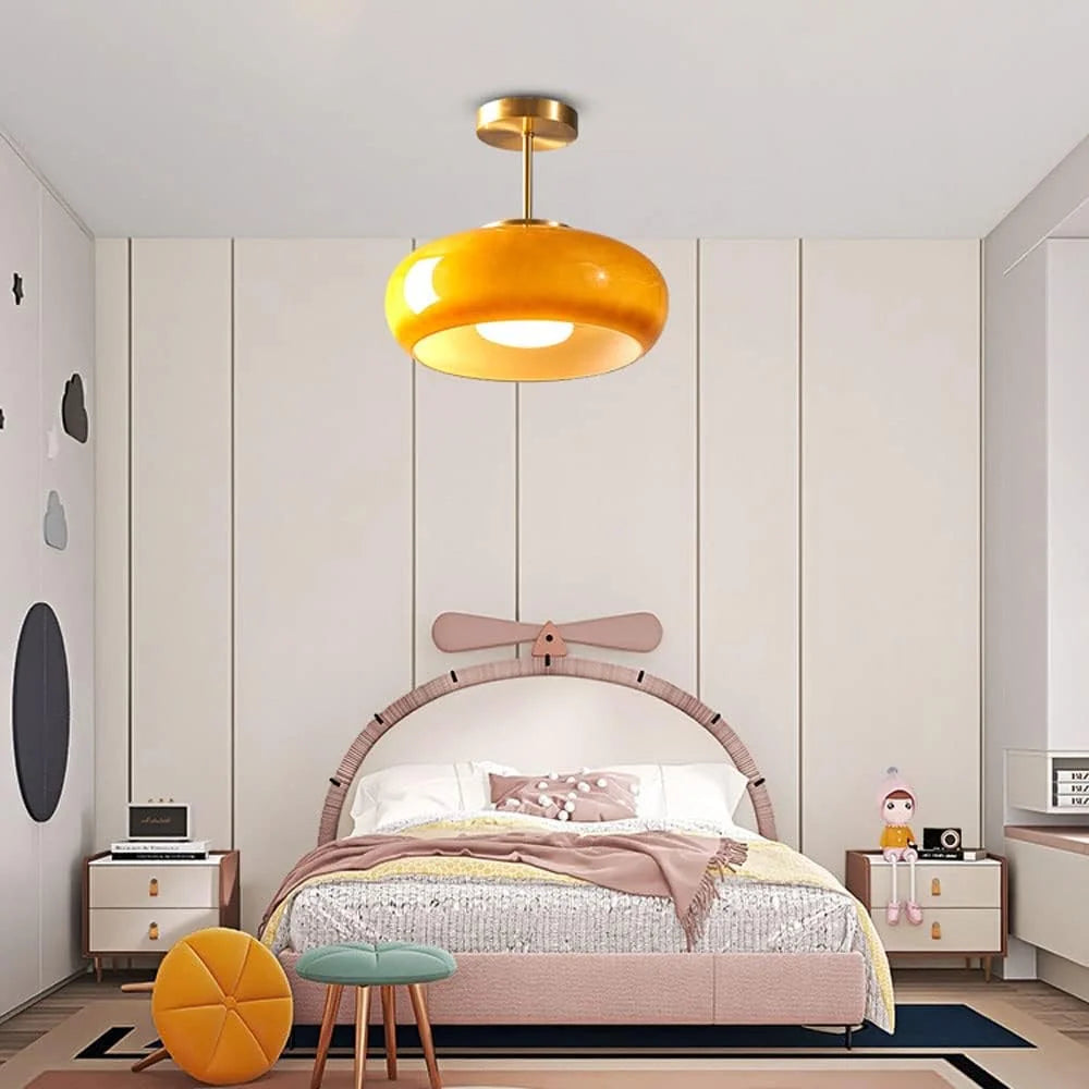 Arturesthome Ceiling Light Fixture Glass Lampshade Pendant Light with Brass Cover Amber Glass Hanging Lamp Vintage Yellow Glass Semi Flush Mount Ceiling Light for Princess Room Cloakroom