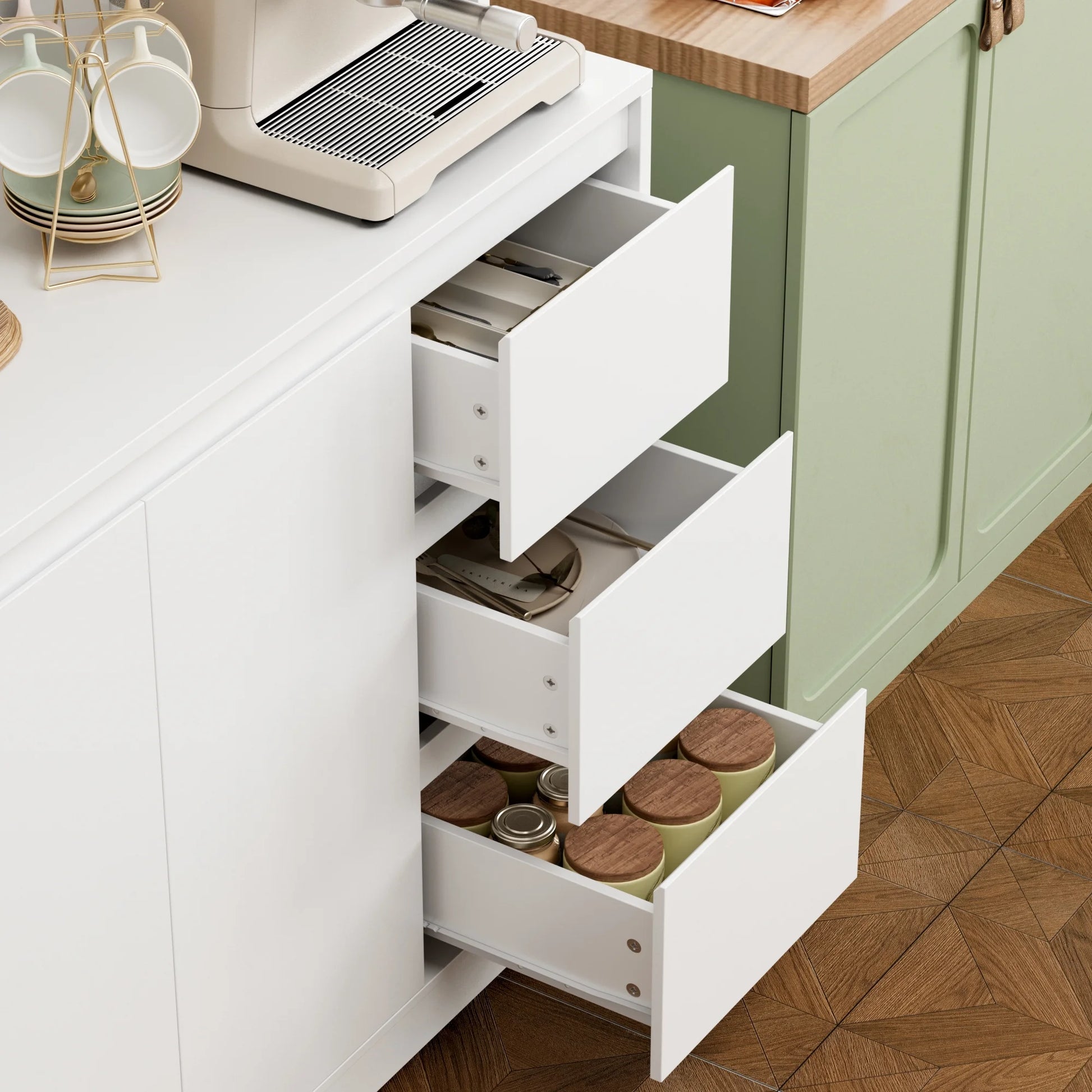 Homfa 70.9'' Kitchen Pantry Cabinet with Charging Station and LED Light, 3 Drawers Buffet Storage Cabinet with Glass Doors and Adjustable Shelves, White