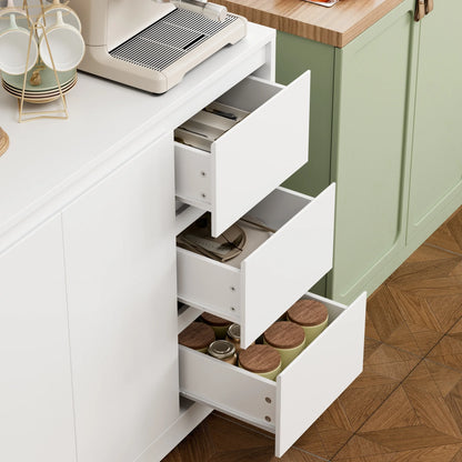 Homfa 70.9'' Kitchen Pantry Cabinet with Charging Station and LED Light, 3 Drawers Buffet Storage Cabinet with Glass Doors and Adjustable Shelves, White