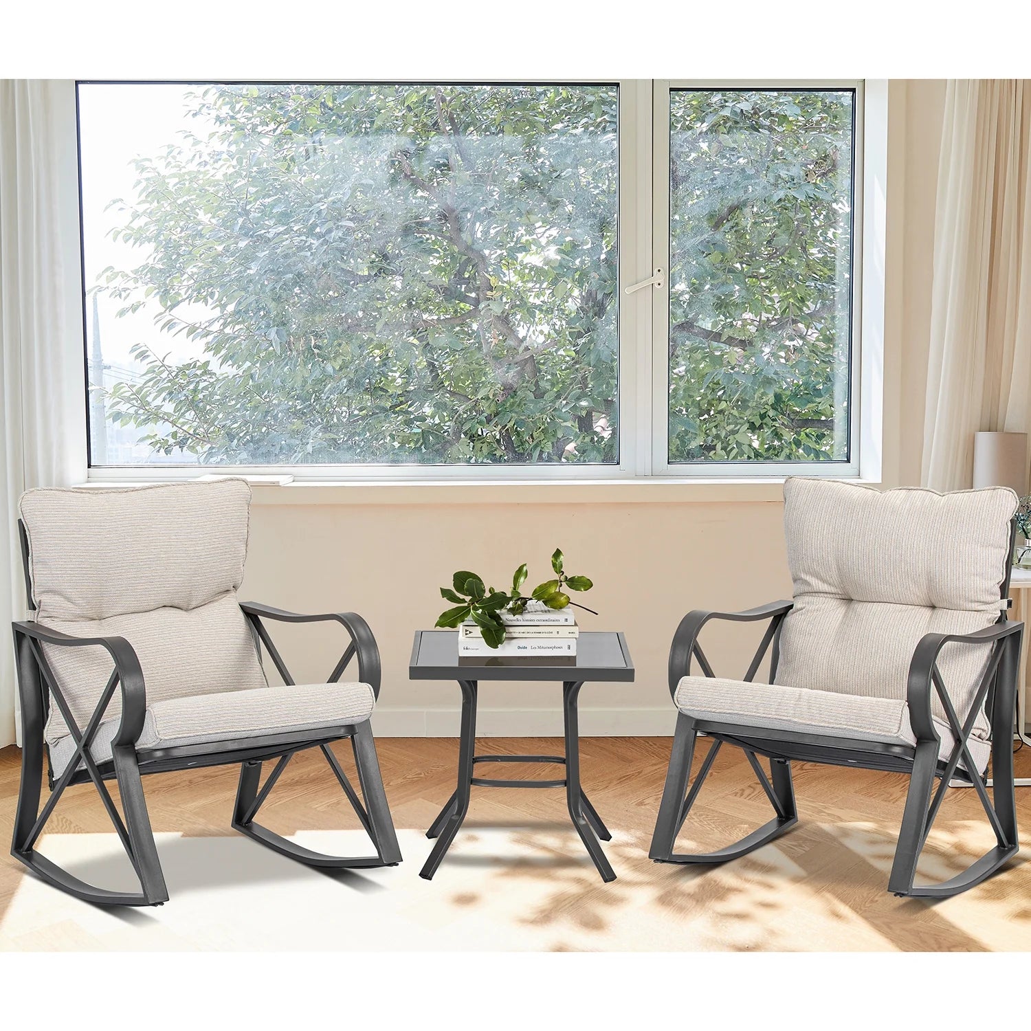 COSIEST 3 Piece Rocking Chair Bistro Set, Patio Outdoor Furniture w Cushions, Glass-Top Table