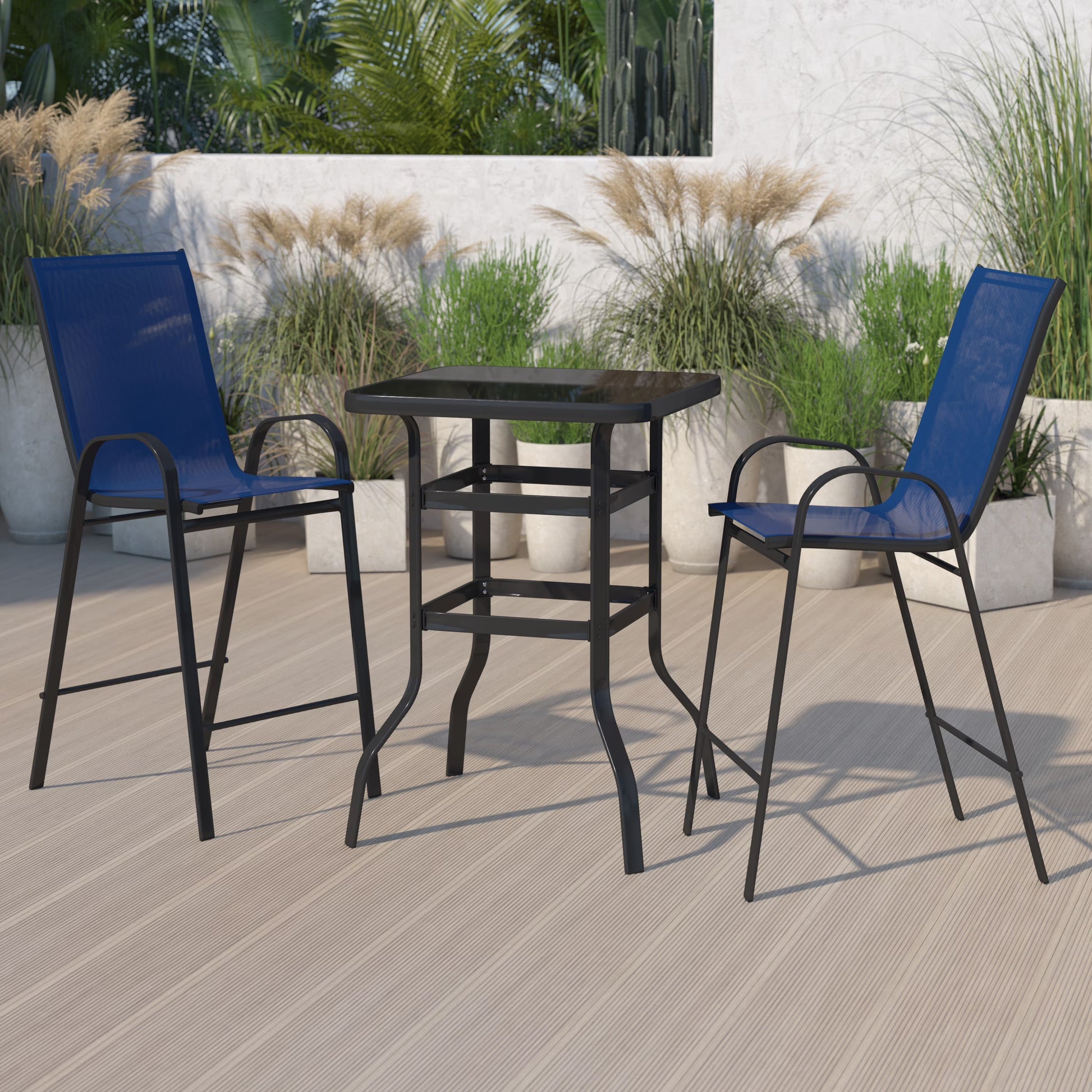 Emma + Oliver 3 Piece Outdoor Bar Height Set-Glass Patio Bar Table-Black All-Weather Barstools