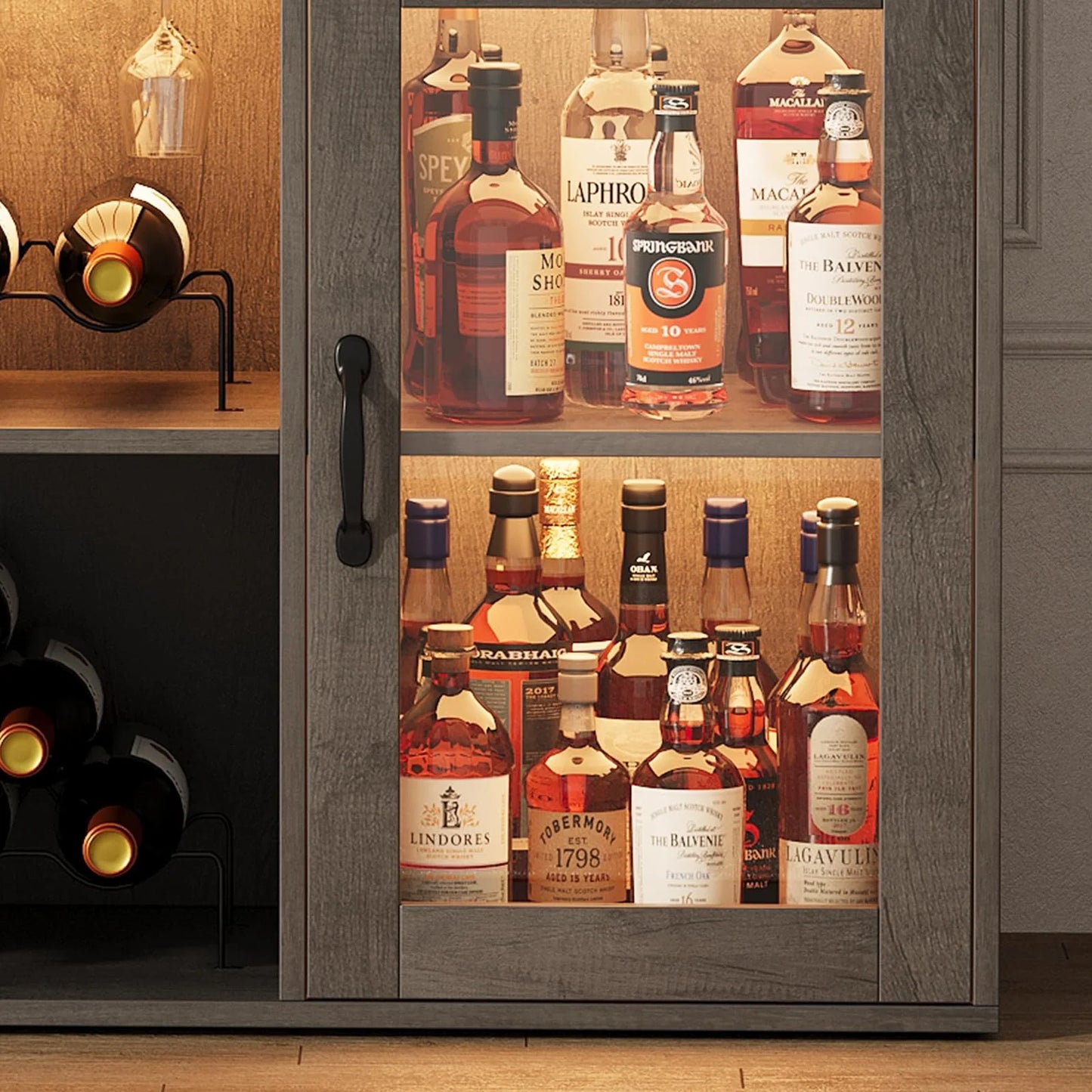 Bar Cabinet with Storage Shelves, Coffee Bar Cabinet with LED Lights, Liquor Cabinet with Wine Rack and Glass Goblet Holder, Kitchen Sideboard Buffet Cabinet for Home, Kitchen, Dining Room