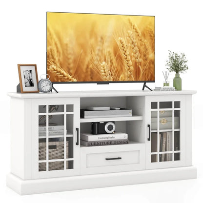 TV Stand for TVs up to 70 with Glass Doors Cubbies and Drawer