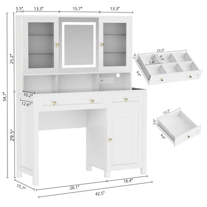 Semoic White Makeup Vanity Desk with LED Mirror and RGB Lights and Power Outlet, Morden Glass Top Vanity Table with Drawer & Storage Cabinet & Adjustable Shelves, Large Dressing Table for Bedroom