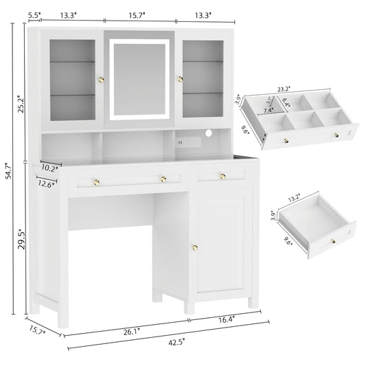 Semoic White Makeup Vanity Desk with LED Mirror and RGB Lights and Power Outlet, Morden Glass Top Vanity Table with Drawer & Storage Cabinet & Adjustable Shelves, Large Dressing Table for Bedroom