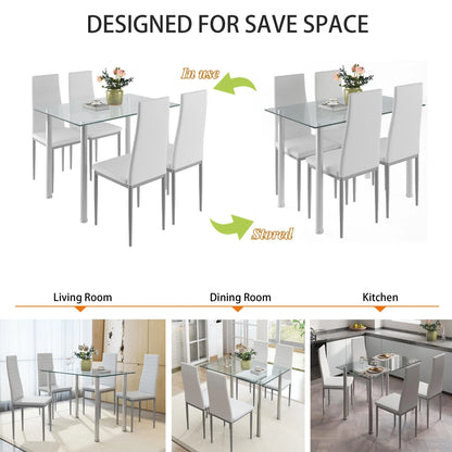 uhomepro White Kitchen Table Set, 5 Pieces Dining Table Set, Tempered Glass Dining Table and Chairs Set for 4, Upgraded Iron Dining Room Table Set with 4 PU Leather Chairs