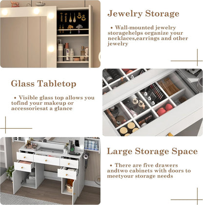 White Vanity Desk with Large Lighted Mirror & Power Outlet, Makeup Vanity Table with Glass Top & Drawers, Sliding Storage, 44.1" Large Makeup Vanity Table for Women Girls, White