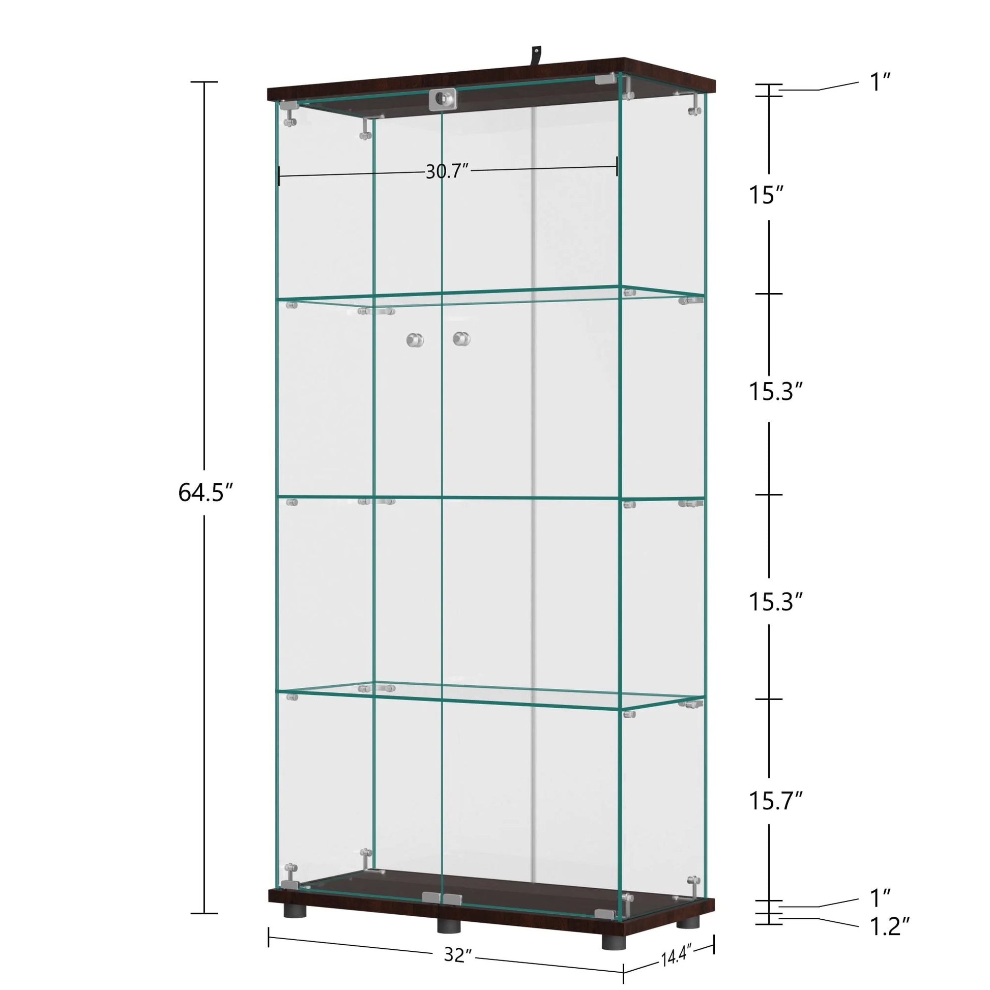 NeuType Glass Display Cabinet Bookcase Glass Frame Bookshelf Brown Double door 64.5"x32"x14.4"