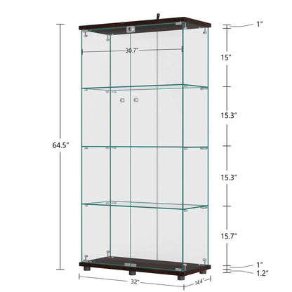 NeuType Glass Display Cabinet Bookcase Glass Frame Bookshelf Brown Double door 64.5"x32"x14.4"