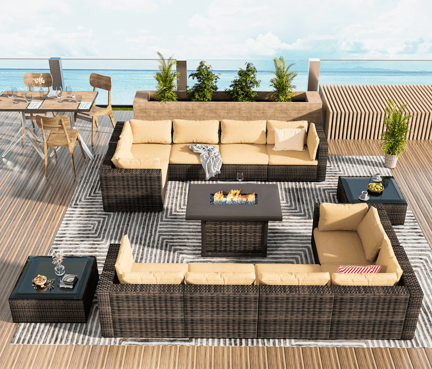 Grezone 15 Pieces Patio Furniture Set with Fire Pit Table, All Weather Outdoor Sectional PE Rattan, Patio Conversation Sets Cushions & Black-glass Coffee Table for Garden Lawn Balcony Porch Deck, Red
