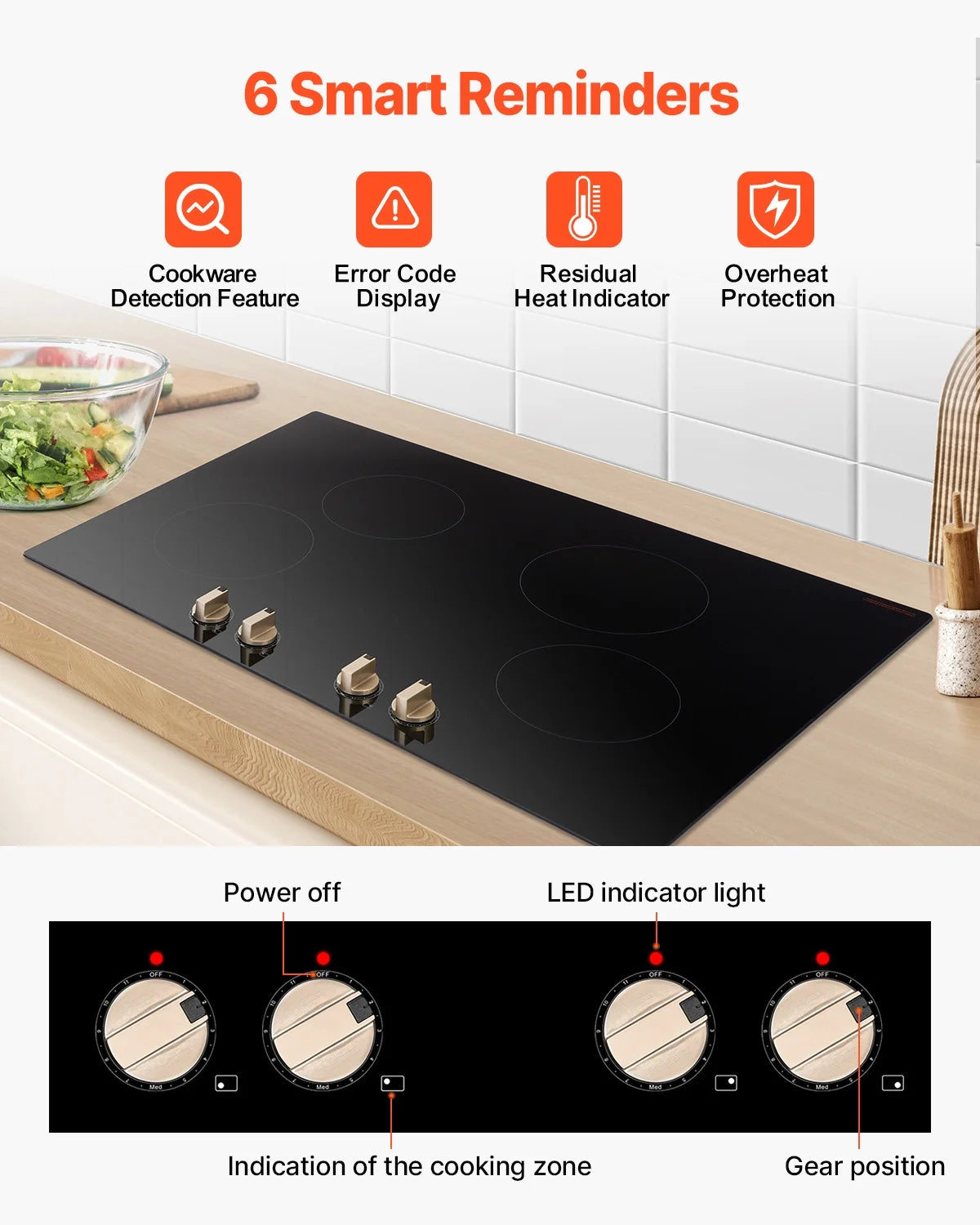 KFFKFF Induction Stove, 6600W 5 Burner Built-in Electric Cooktops, with Knob Control, 12 Heat Settings, Glass Top, Automatic Power Off