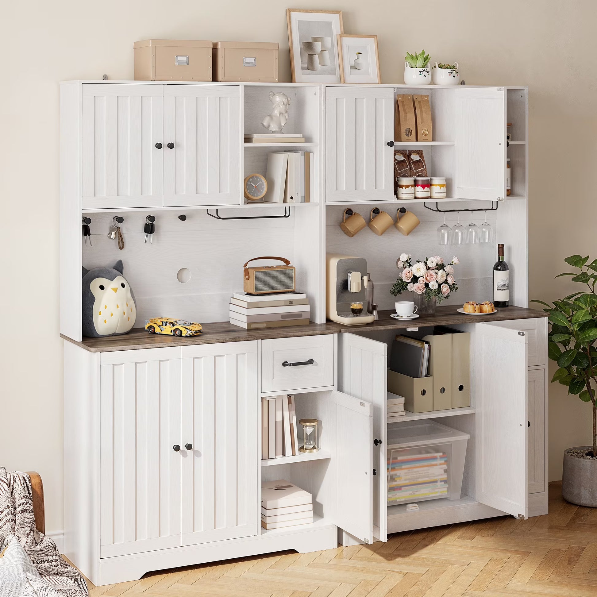 Coffee Bar, 71" Tall Kitchen Pantry Cabinet with Microwave Shelf, 5 Doors, 1 Drawers, 8 shelves, Wine glass rack, 4 Hooks, Cable Management