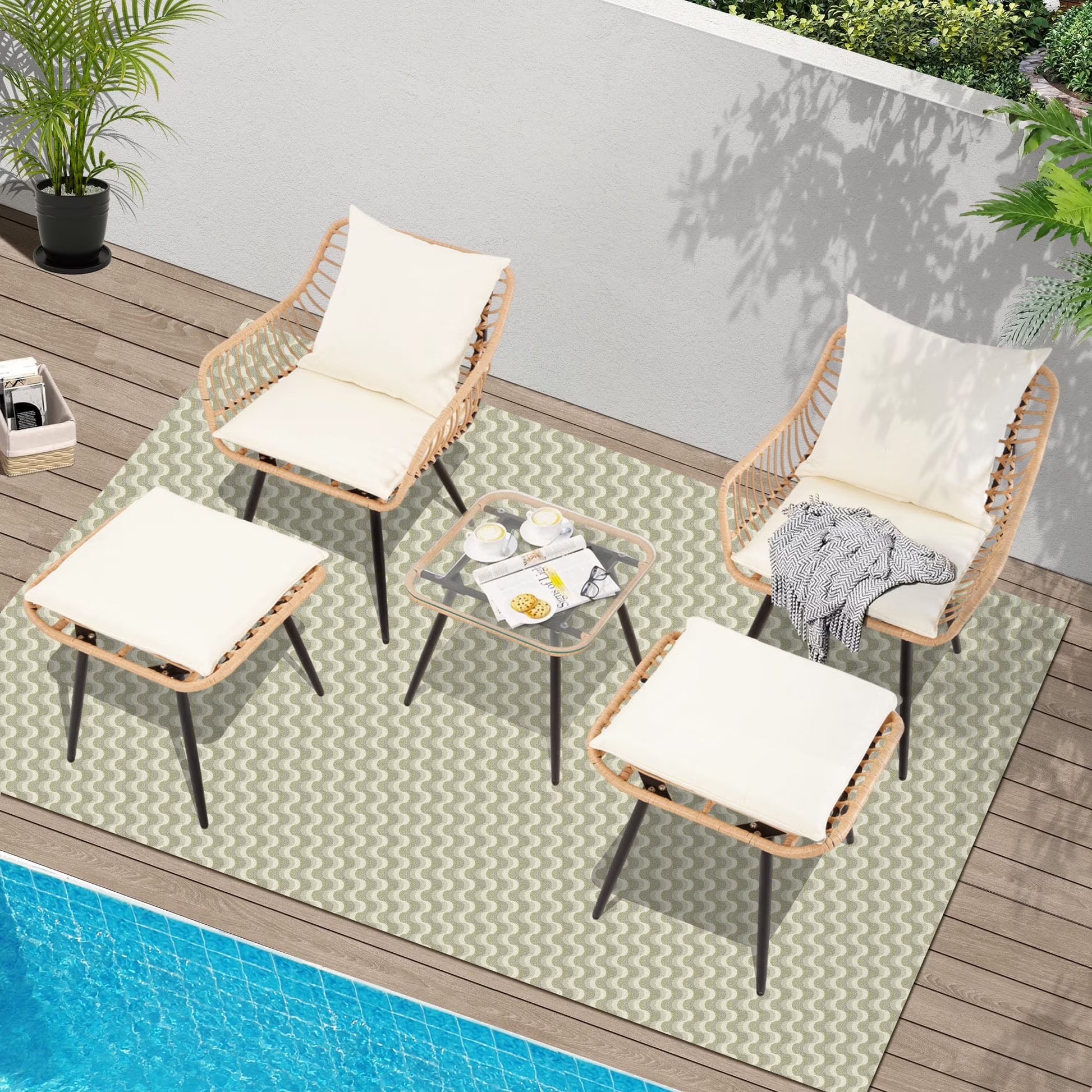Ainfox 3-Piece Steel Outdoor Bistro Sets with Metal Chairs and Glass Top Table, Beige