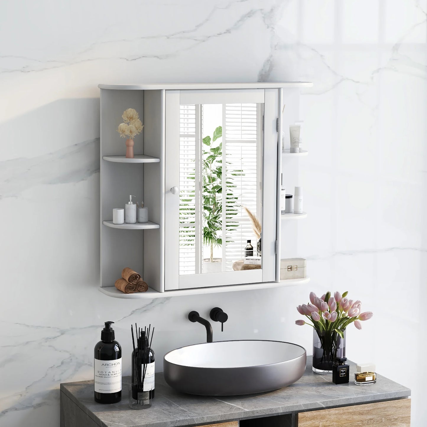Costway, White, Medium Density Fiberboard, Multipurpose Mount Wall Surface Cabinet Mirror Glass, 26.00 x 6.50 x 23.50 Inches