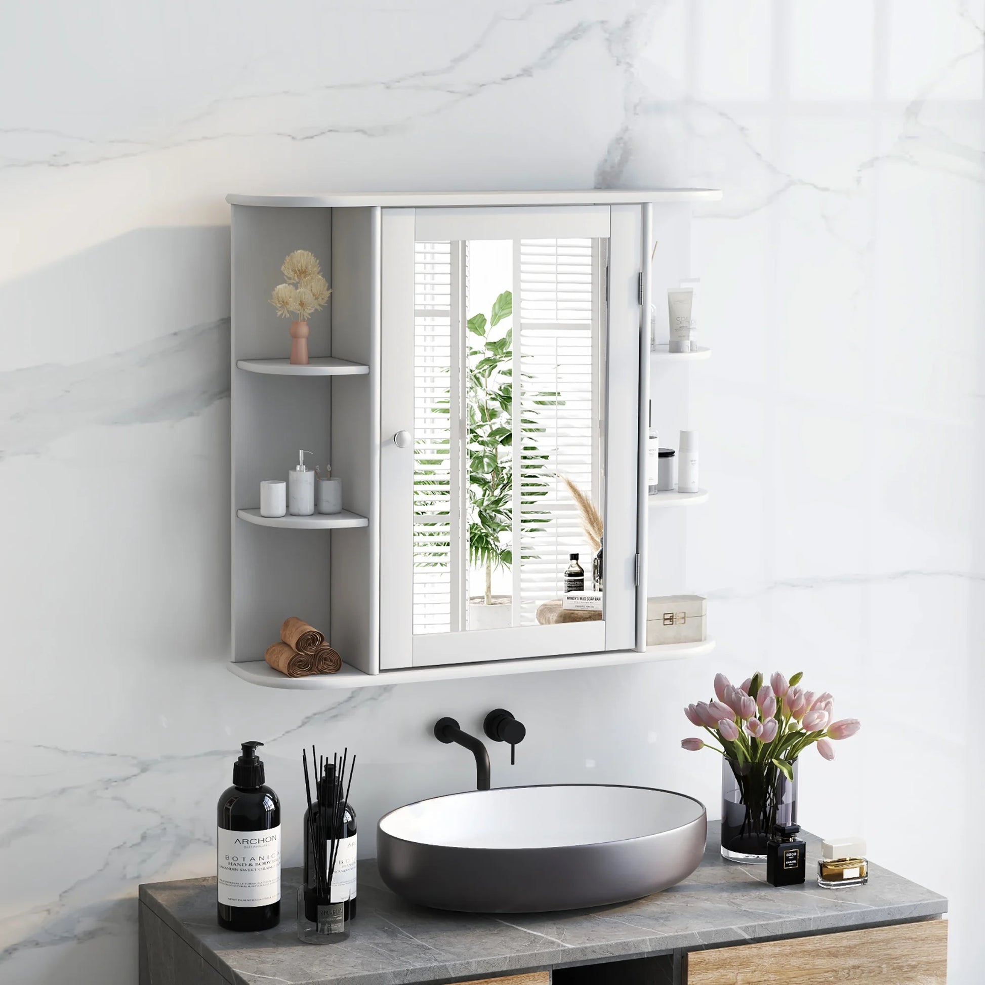 Costway, White, Medium Density Fiberboard, Multipurpose Mount Wall Surface Cabinet Mirror Glass, 26.00 x 6.50 x 23.50 Inches