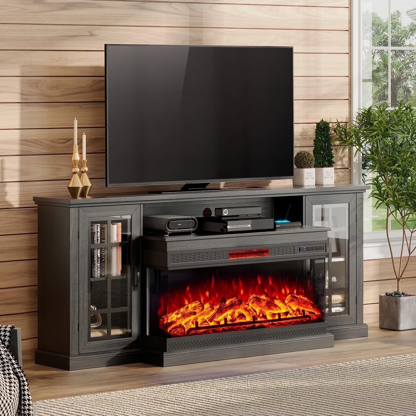 Merluxy 75in 3-Sided Glass Fireplace TV Stand for TVs up to 85", Distressed White