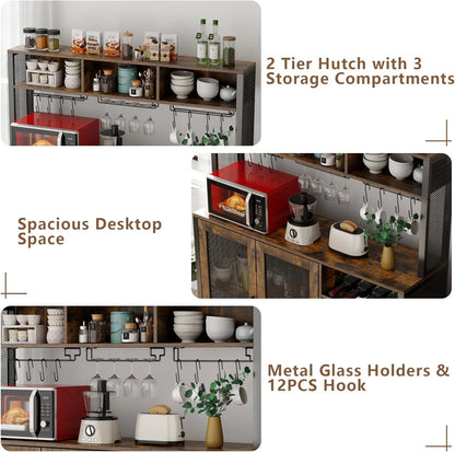 Wine Bar Cabinet with LED Lights, Rustic Brown Industrial Coffee Bar Station with Wine Rack, Glass Holder & 3 Storage Compartments, Liquor Buffet Sideboard for Kitchen & Dining Room