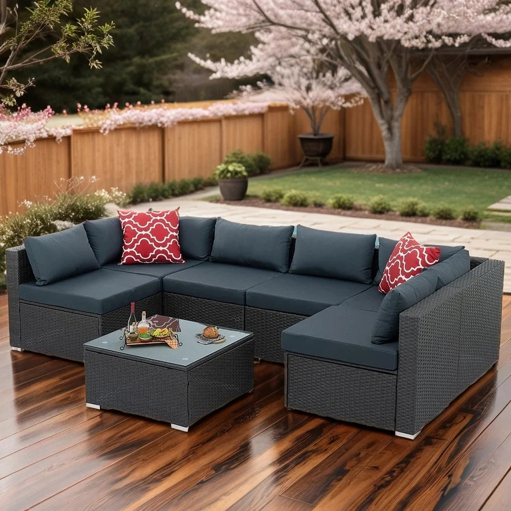 7 Pieces Outdoor Patio Furniture Set, Outdoor Sectional Rattan Sofa, PE Manual Weaving Wicker Patio Conversation Set with Cushion, Glass Table, Pillow, Dark Gray