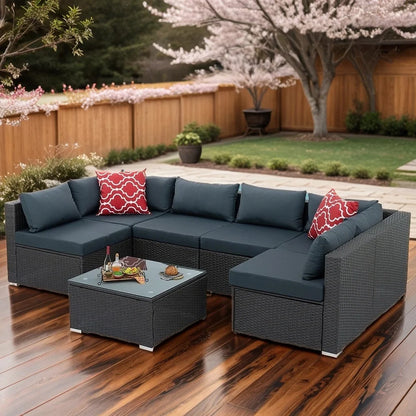 7 Pieces Outdoor Patio Furniture Set, Outdoor Sectional Rattan Sofa, PE Manual Weaving Wicker Patio Conversation Set with Cushion, Glass Table, Pillow, Dark Gray