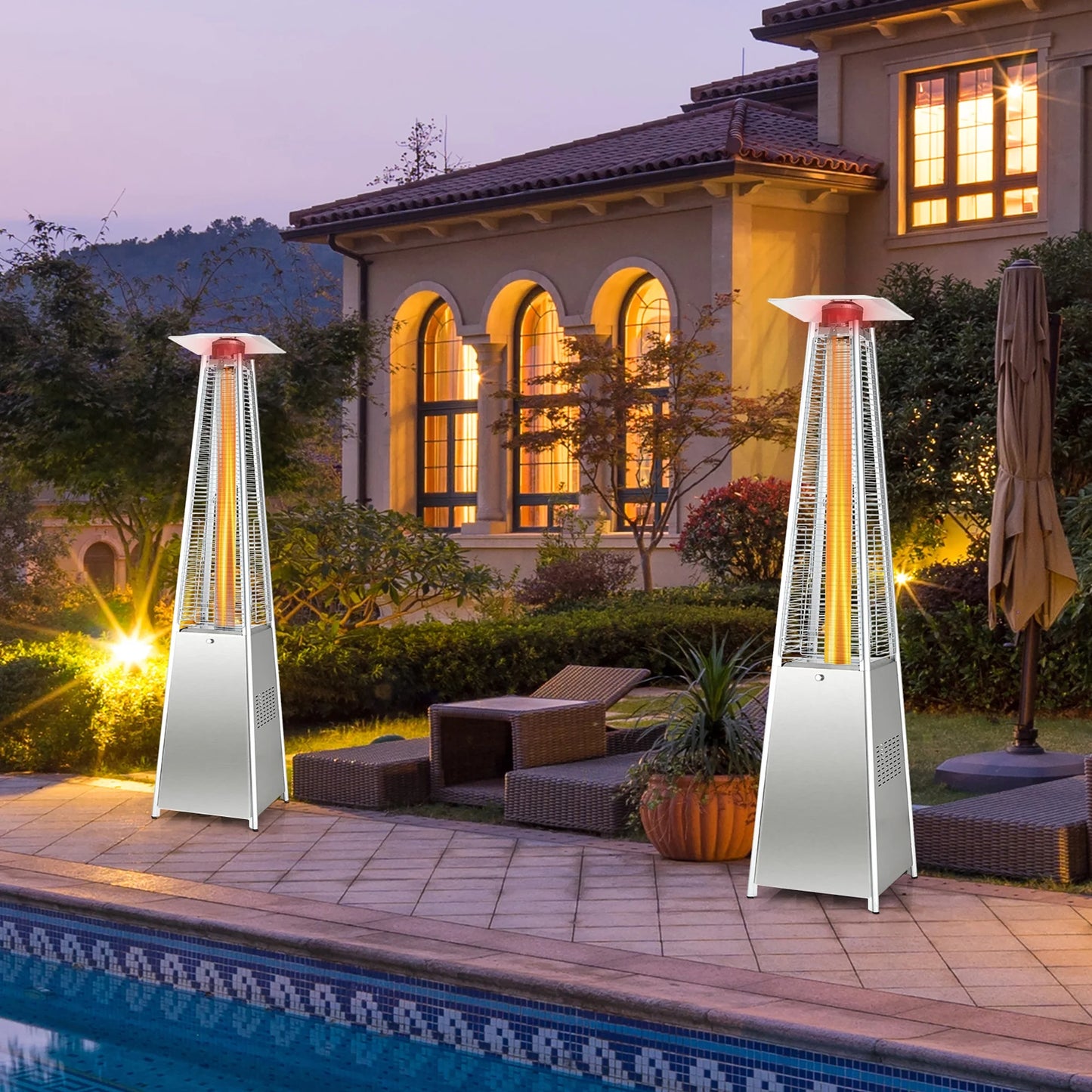 Costway 90'' Tall Pyramid Patio Heater Quartz Glass Tube Flame Heating 42000 BTU W/Wheel