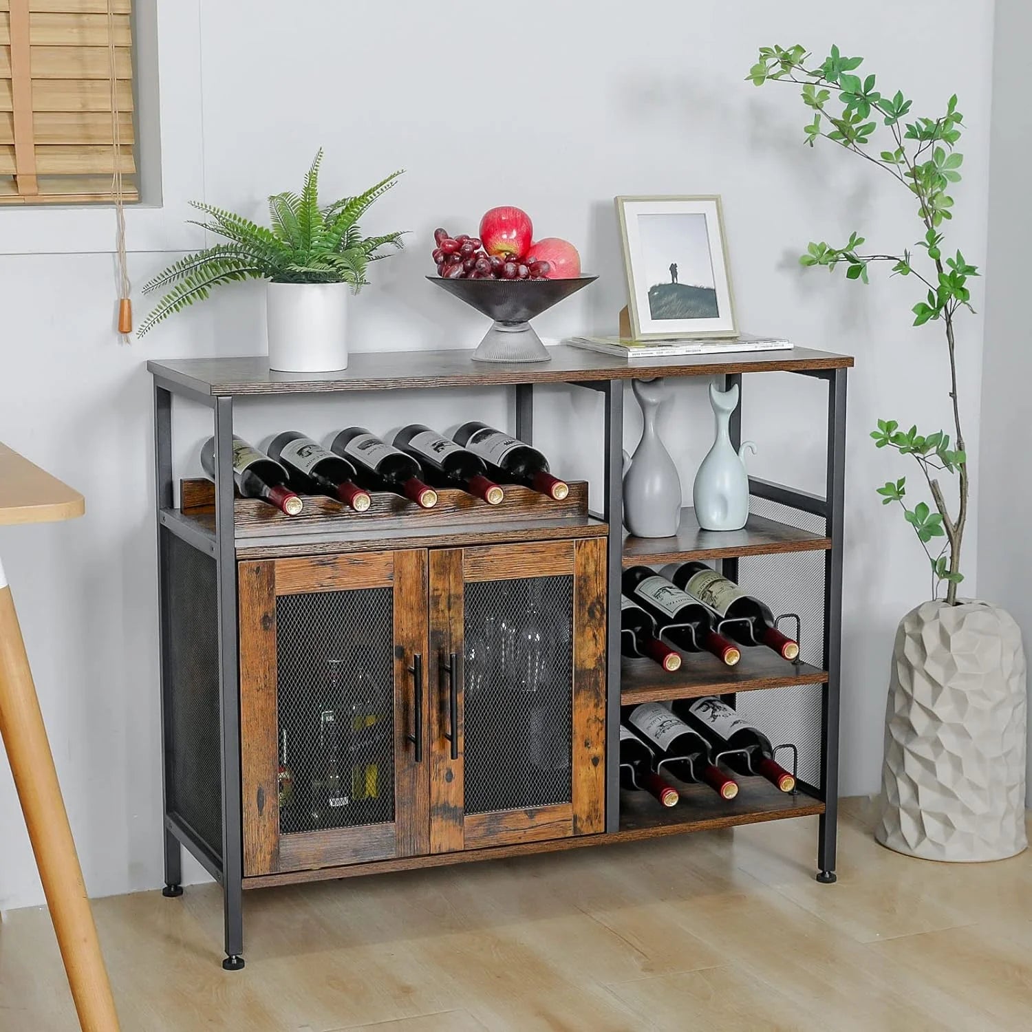 x-Cosrack Wine Bar Cabinet with Detachable Wine Rack, Coffee Bar Cabinet with Glass Holder and Mesh Door, Rustic Brown