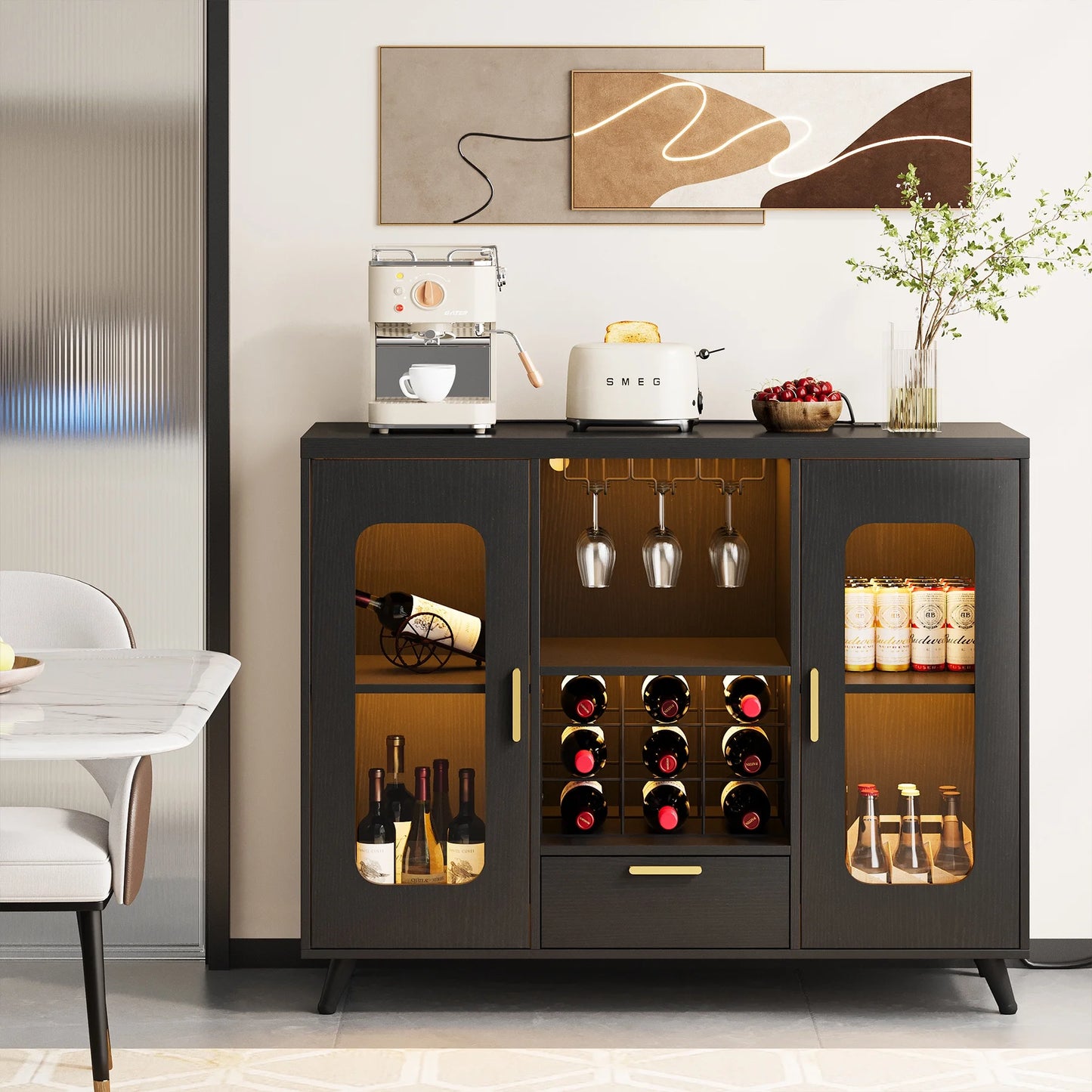 Condemo Wine Bar Cabinet with LED Light & Power Outlet, Liquor Cabinet with Wine Rack and Glass Holder for Dining Room, Living Room, Kitchen, White