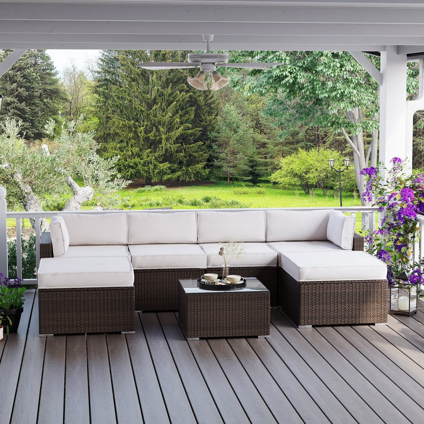 COSIEST 7-Piece Outdoor Patio Furniture Grey Wicker Sectional Sofa Set with Tempered Glass Coffee Table