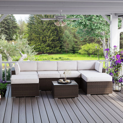 COSIEST 7-Piece Outdoor Patio Furniture Grey Wicker Sectional Sofa Set with Tempered Glass Coffee Table
