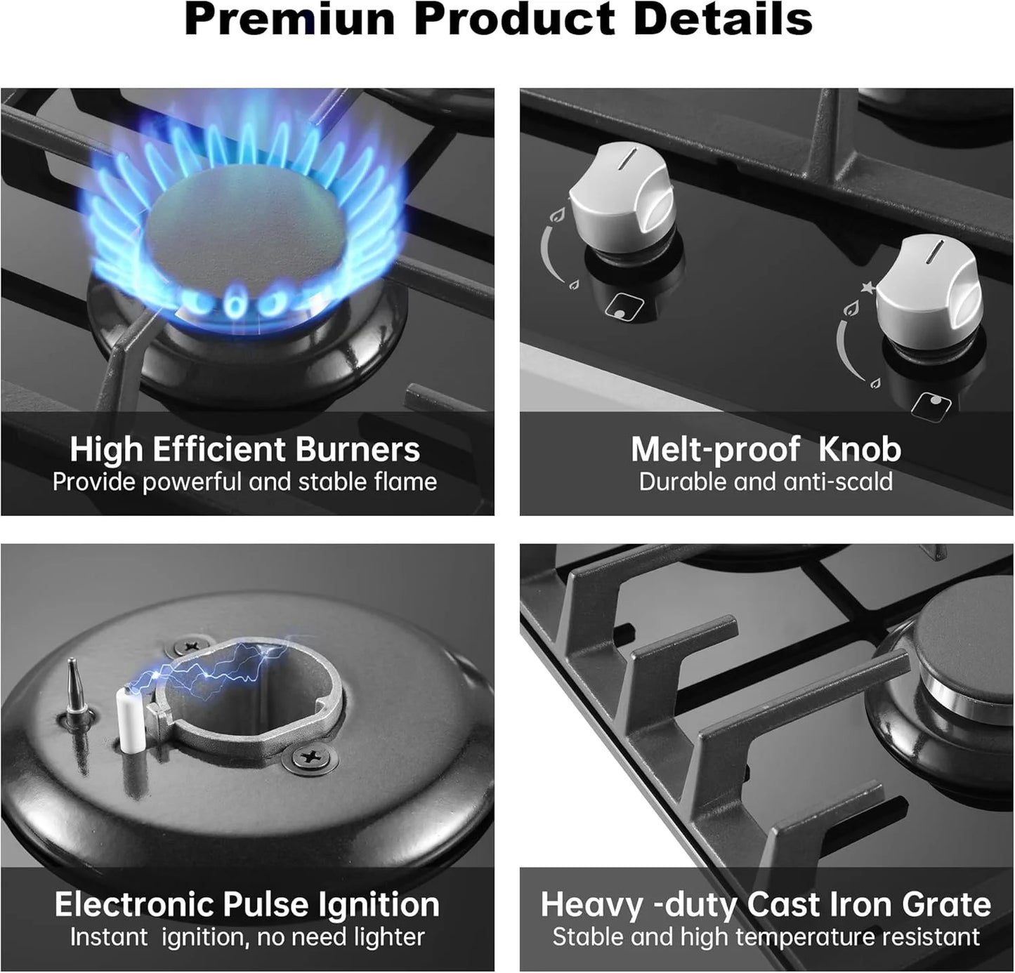 Gas Cooktop 2 Burner Propane Cooktop, 12 Inch Gas Stove Top with Thermocouple Protection, LPG/NG Dual Fuel Built-in Tempered Glass Gas Stove for Apartment, Indoor, RV