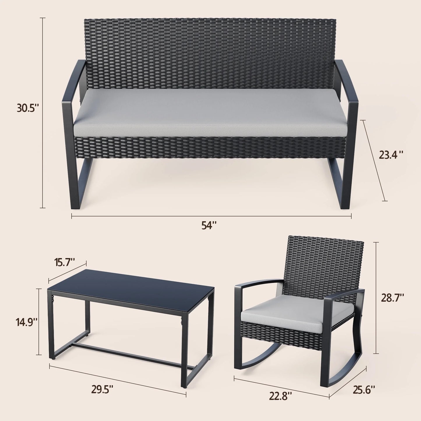 Patio Furniture Set for 4,Lofka 4 Pieces Patio Comversation Set with Outdoor Rocking Chairs,Rattan Loveseat,Glass Bistro Coffee Table,Removable Cushion for Backyard Balcony Lawn Pool,Gray
