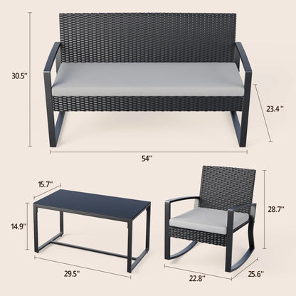 Patio Furniture Set for 4,Lofka 4 Pieces Patio Comversation Set with Outdoor Rocking Chairs,Rattan Loveseat,Glass Bistro Coffee Table,Removable Cushion for Backyard Balcony Lawn Pool,Gray