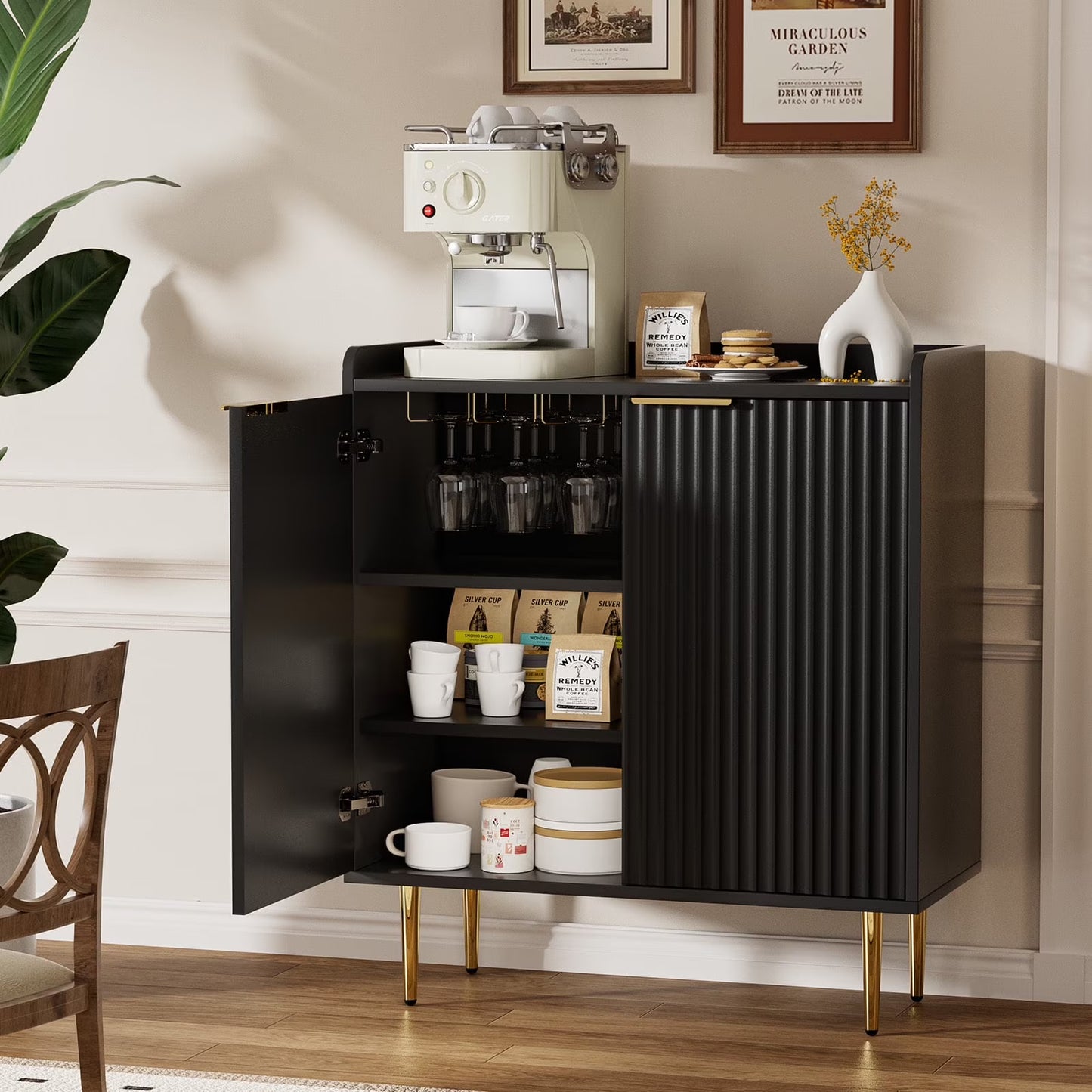 ERYTLLY Coffee Bar Cabinet with Wine Rack & Glass Holder, Kitchen Sideboard Buffet Cabinet with Storage,Wine Bar Cabinet with Fluted Doors for Living Room Dining, White