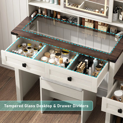 Blotout 47.2" Farmhouse Rustic Makeup Vanity Desk with Sliding Mirror and Lights, Glass Top Vanity Set with Charging Station & 3 Drawers & 1 Cabinet & Stool, Big Vanity (White)