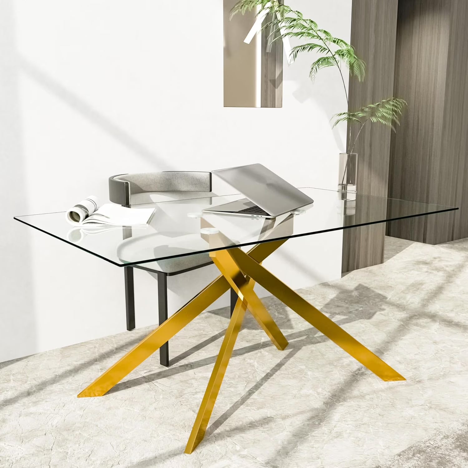 SSYBAB Glass Dining Table for 4 People, 51.2 Inches Rectangular Glass Kitchen Table with Silver Steel Legs, Modern Dining Room Table for Dinner Kitchen Dining Room