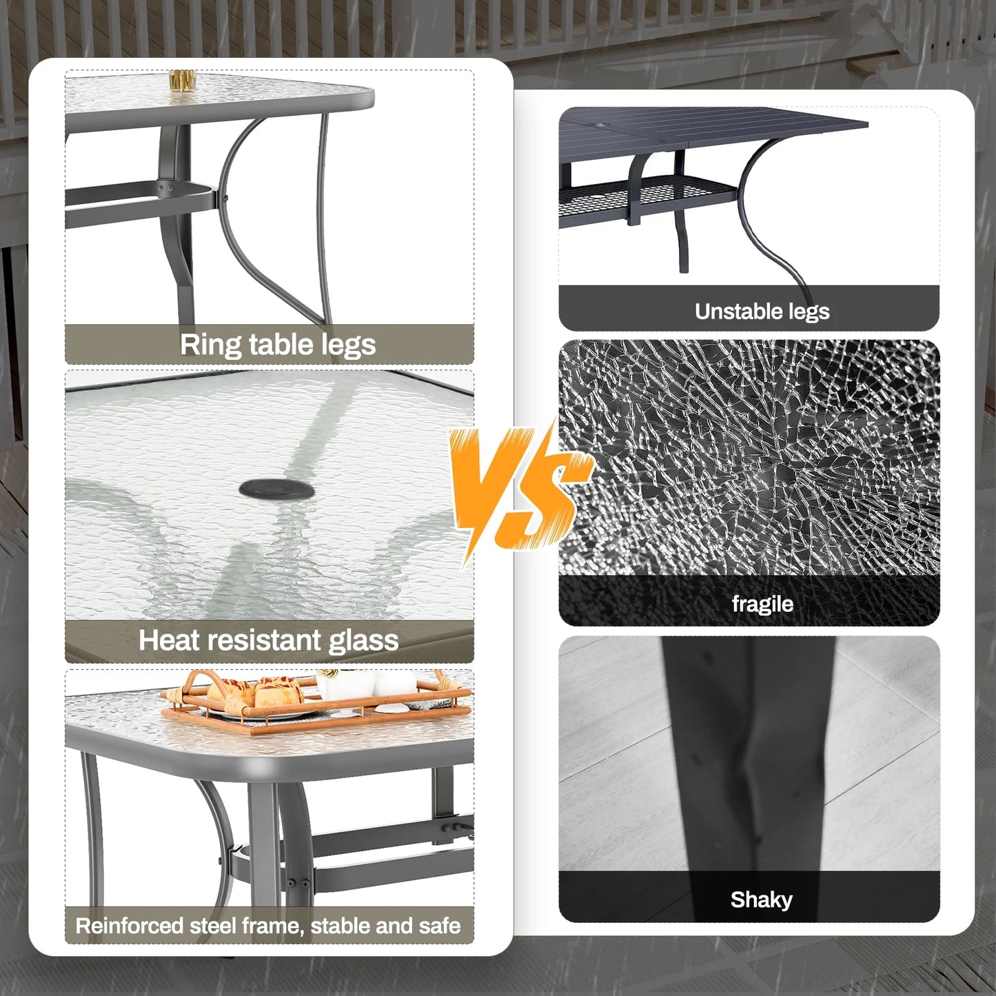 Pirecart Outdoor Glass Table with Umbrella Hole, Patio Dining Table for 6, for Garden, Balcony, Backyard, Poolside, Lawn, Gray