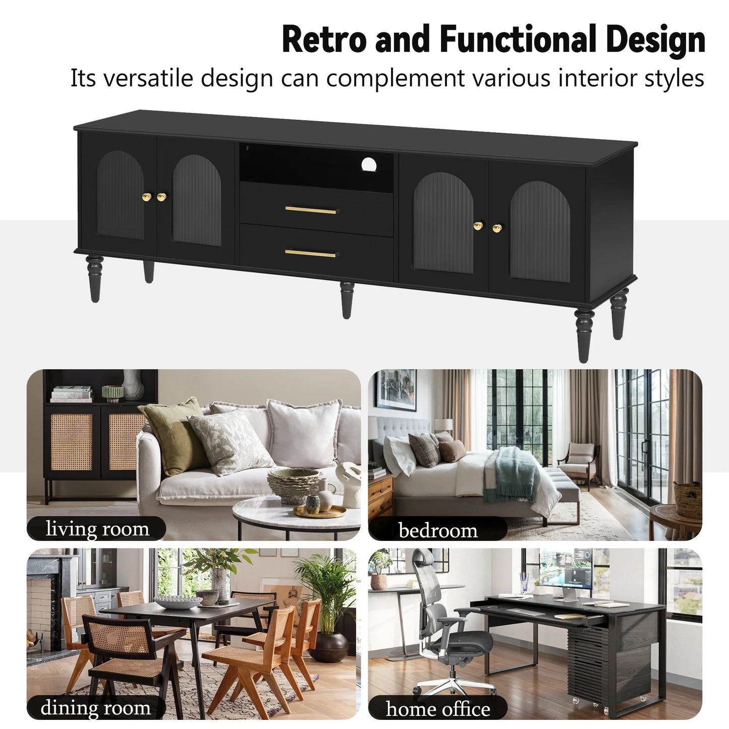 Harper & Bright Designs TV Stand with Fluted Glass Doors for 75 inch TV, TV Storage Cabinet Table with Drawers, Wood Media Console Table with Solid Wood Legs for Living Room, White
