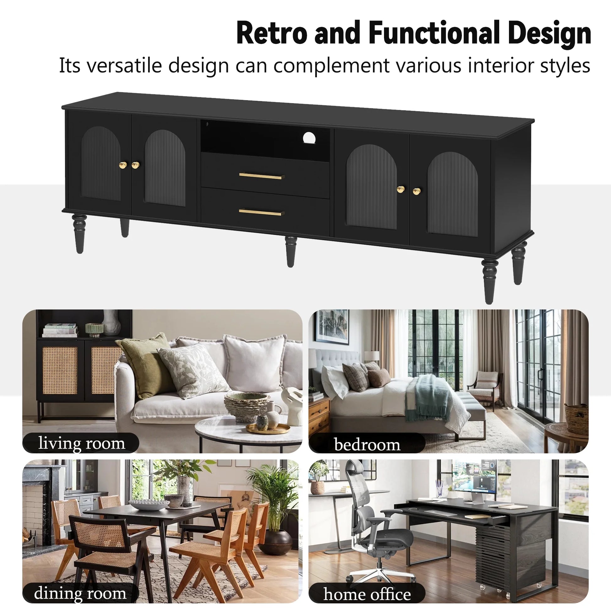 Harper & Bright Designs TV Stand with Fluted Glass Doors for 75 inch TV, TV Storage Cabinet Table with Drawers, Wood Media Console Table with Solid Wood Legs for Living Room, White