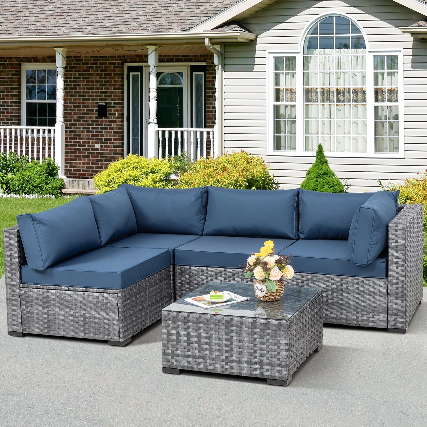 Walsunny 5 Pieces Patio Furniture Sets, Wicker Rattan Outdoor Sectional Sofa with Glass Table and Cushions Aegean Blue
