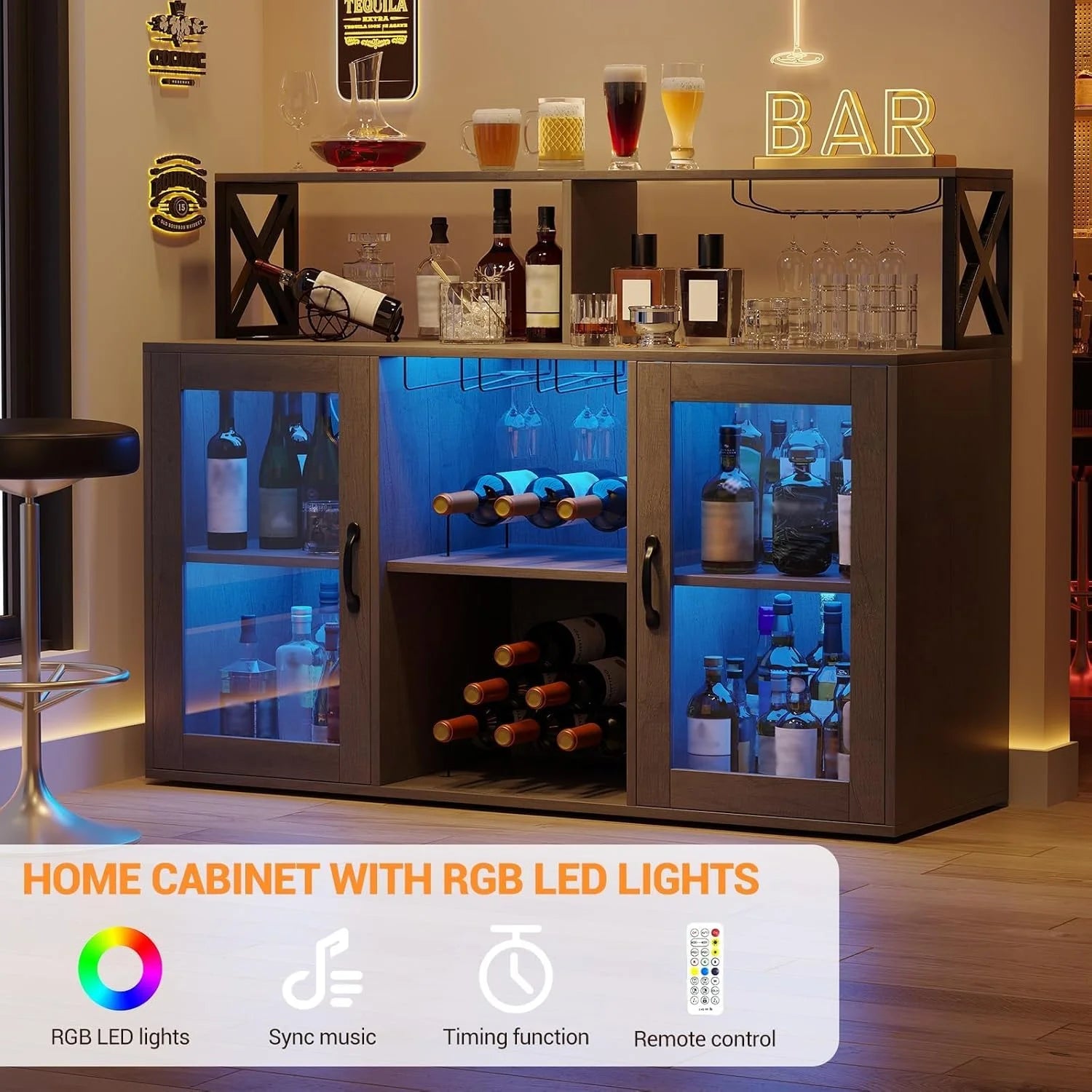 Luku Bar/Liquor Cabinet with Power Outlets Led Lights and Glass Holder, for Home, Kitchen, Gray