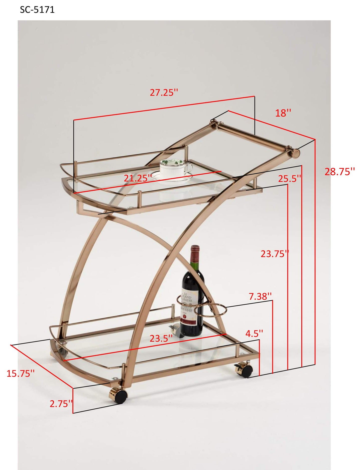 Kings Brand Furniture Metal Rolling Bar Kitchen Serving Cart with 2 Glass Shelves and Wine Holders, Gold