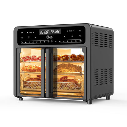 PwZzk 25.4QT Dual Zone Air Fryer Toaster Oven Combo, French Glass Door, XL Capacity, 100-430° F Temperature Range, 16 Preset Functions, LED Display, Dual Fan, 360° Heat Circulation, Rotisserie, Bake,