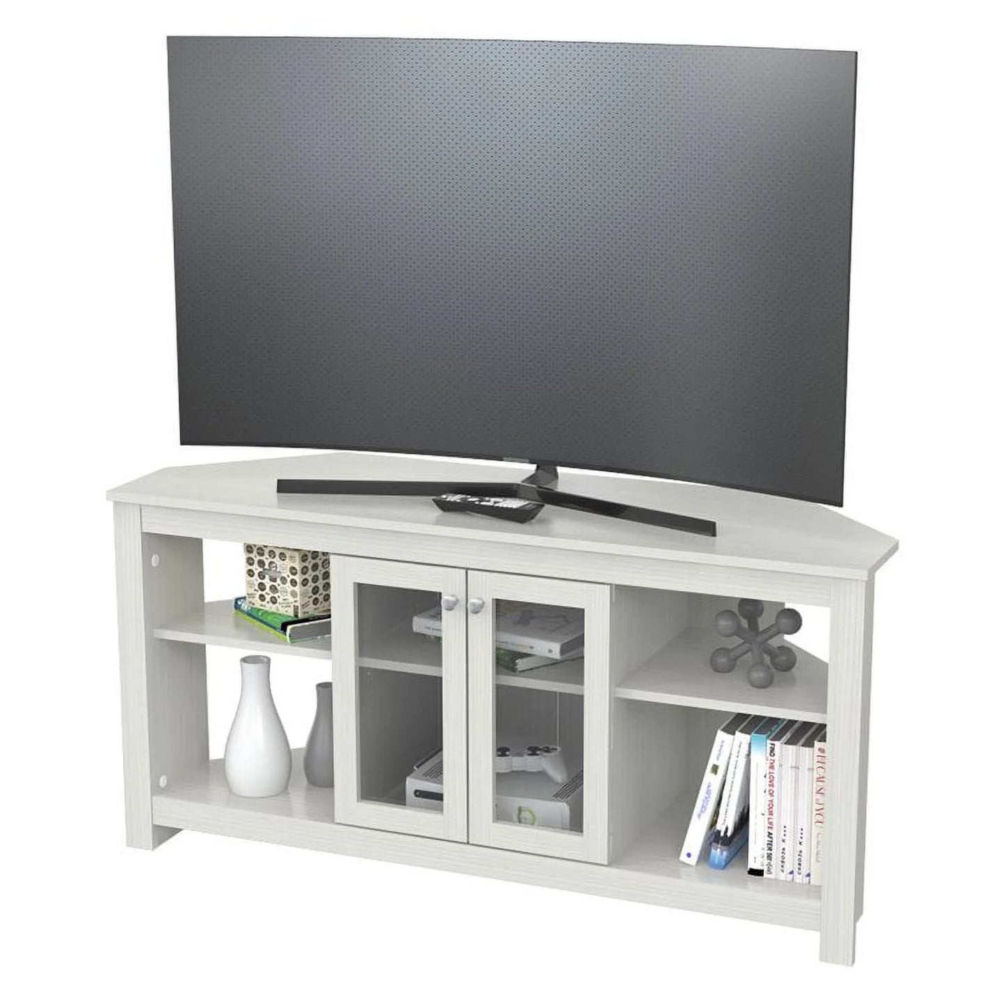 Inval Corner Laminate 60° TV Stand with Glass Doors, White