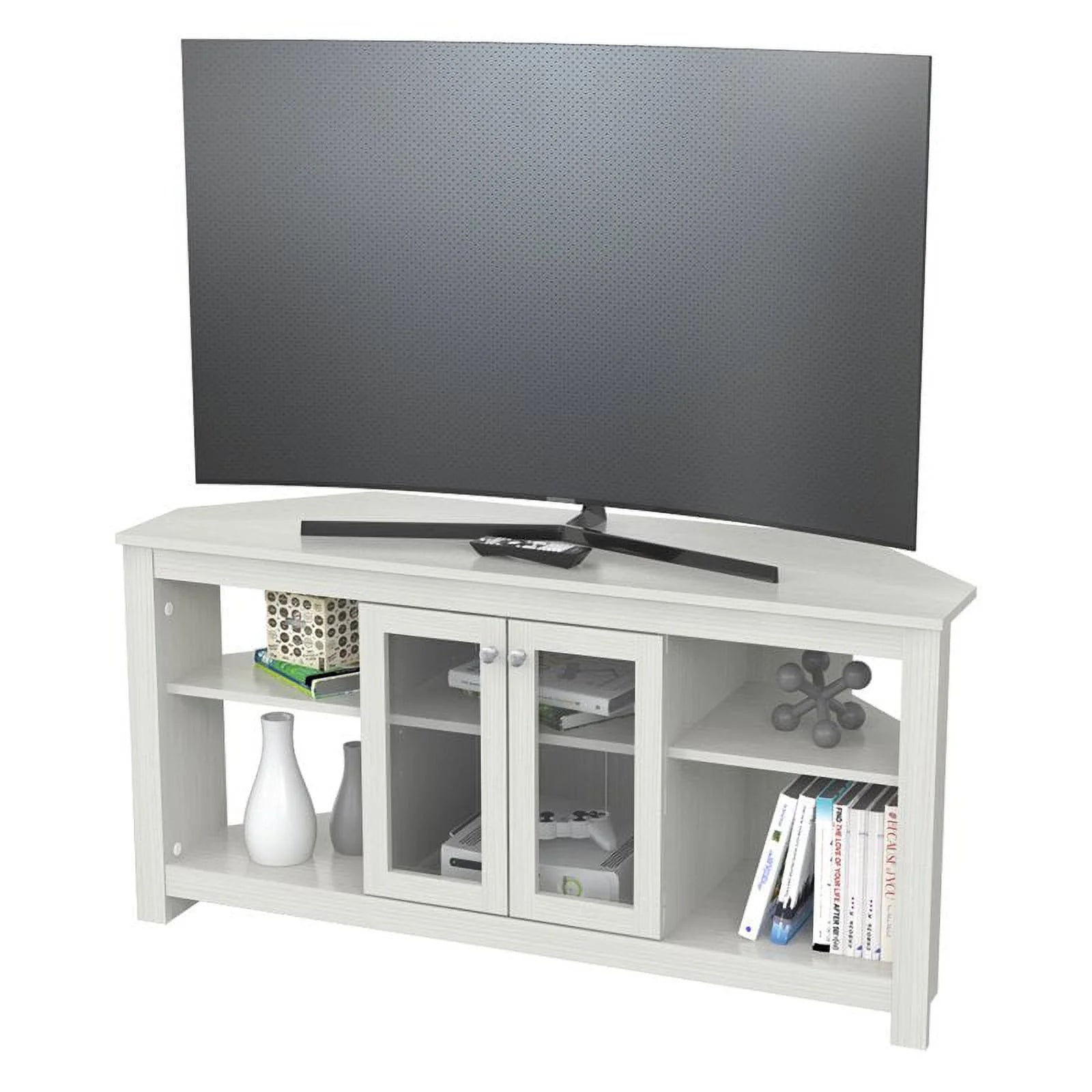Inval Corner Laminate 60° TV Stand with Glass Doors, White