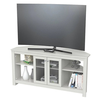 Inval Corner Laminate 60° TV Stand with Glass Doors, White
