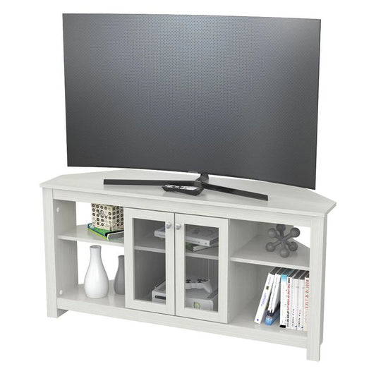 Inval Corner Laminate 60° TV Stand with Glass Doors, White