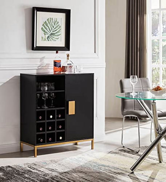 Kings Brand Furniture - Grant Buffet Bar Liquor Cabinet with Wine Rack Storage and Glass Holder, Black