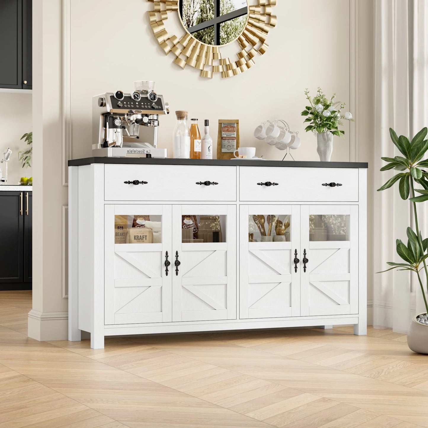 Homfa Farmhouse 55.1"WKitchen Buffet Cabinet with Storage Drawer & Adjustable Shelf, Glass Door Wood Sideboard Credenza Coffee Bar with for Dining Room Living Room, White & Black