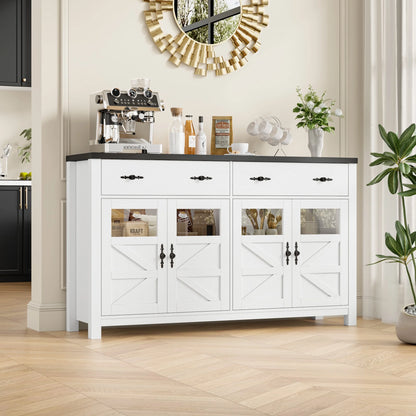 Homfa Farmhouse 55.1"WKitchen Buffet Cabinet with Storage Drawer & Adjustable Shelf, Glass Door Wood Sideboard Credenza Coffee Bar with for Dining Room Living Room, White & Black