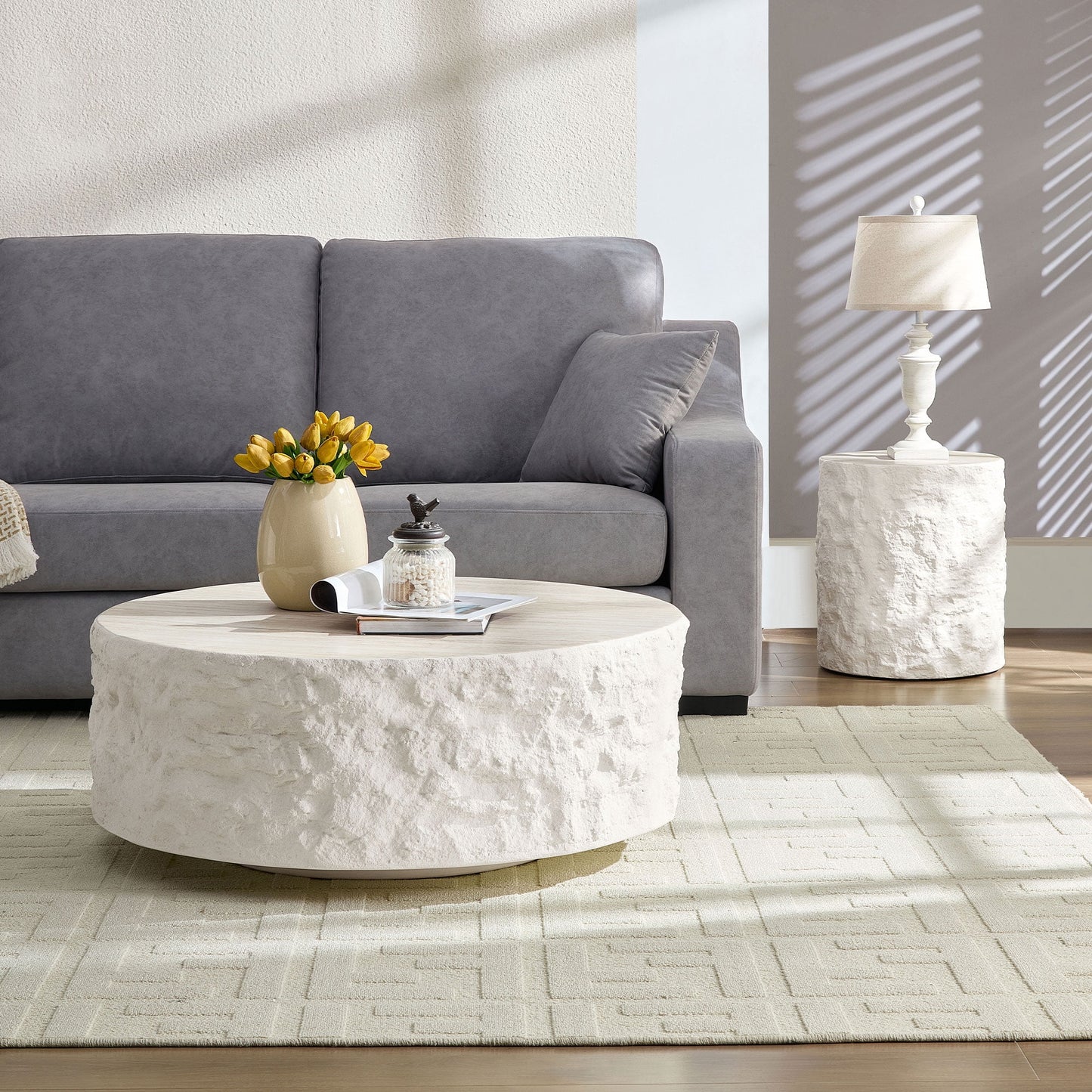 35.43''Fiberglass Round Center Coffee Table Set for Living Room Vintage Table,Imitation Stone Table front of the Sofa,Modern Design Coffee Table for Office,Apartment,No Need Assembly