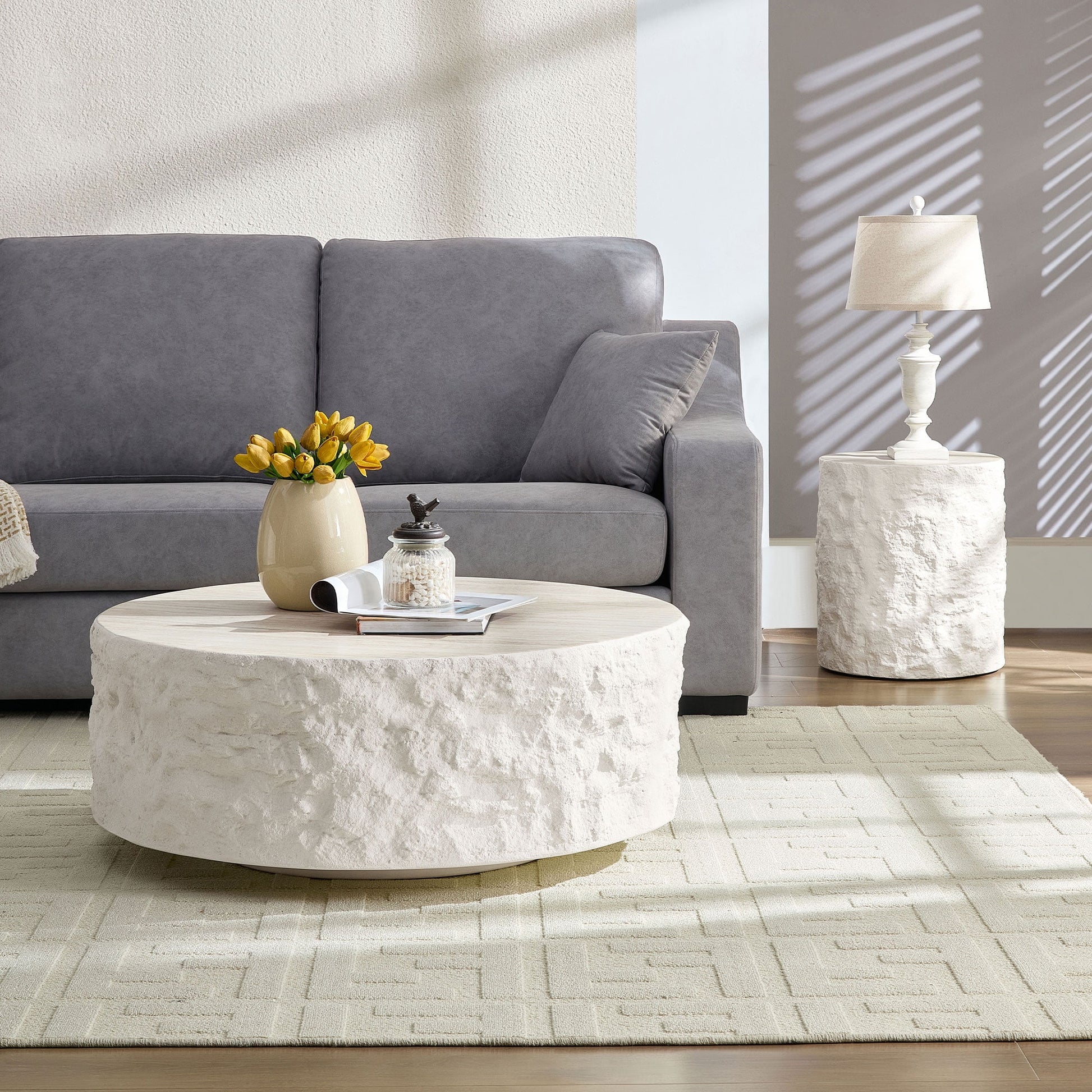 35.43''Fiberglass Round Center Coffee Table Set for Living Room Vintage Table,Imitation Stone Table front of the Sofa,Modern Design Coffee Table for Office,Apartment,No Need Assembly